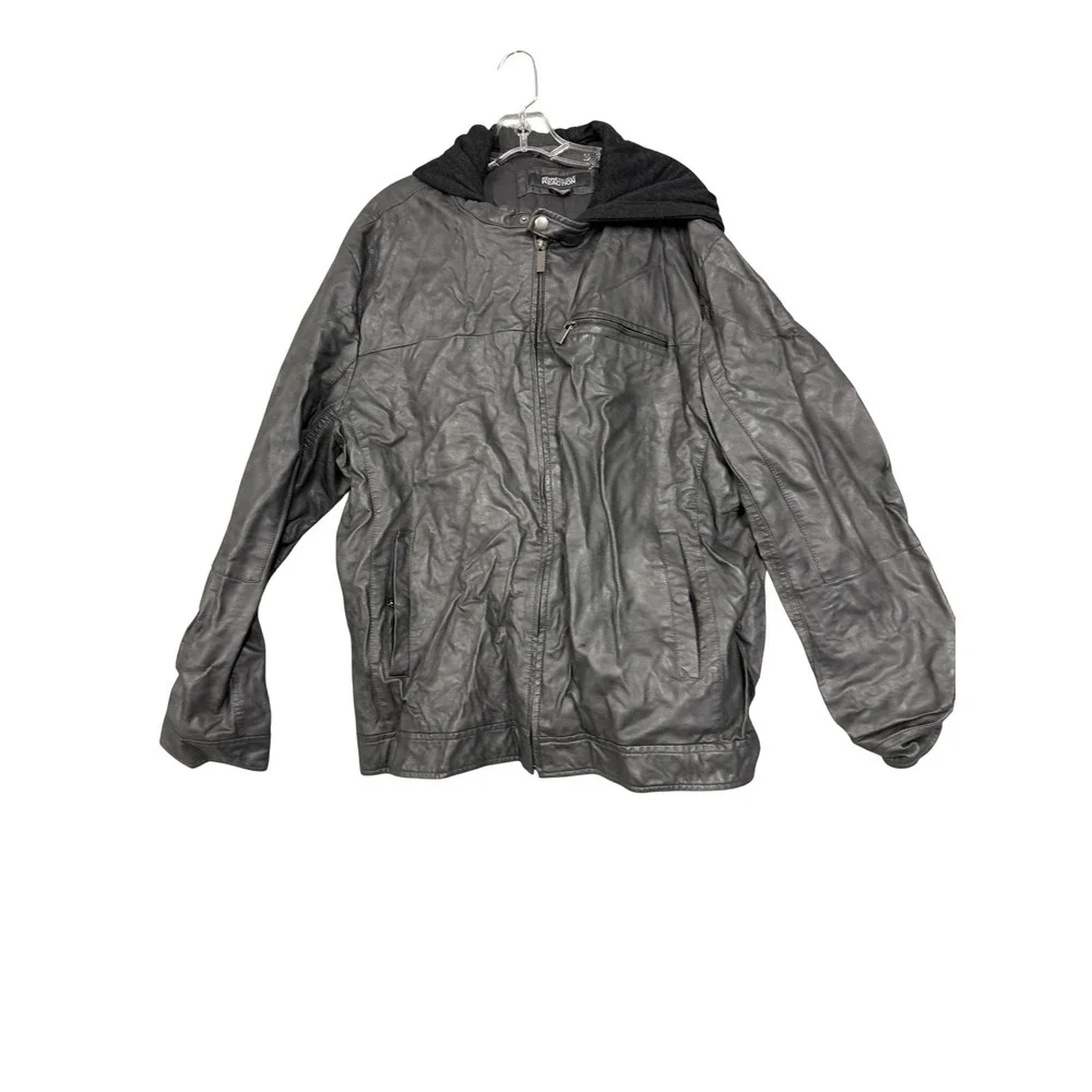 Kenneth Cole Reaction Jacket Mens 2XL Black Faux Leather Hooded Moto Zip‎ Bomber